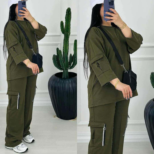 Drop-Shoulder 6-Pocket Cargo Zipper Style Western 2-Pcs Summer Tracksuit For Her. WSTS-07