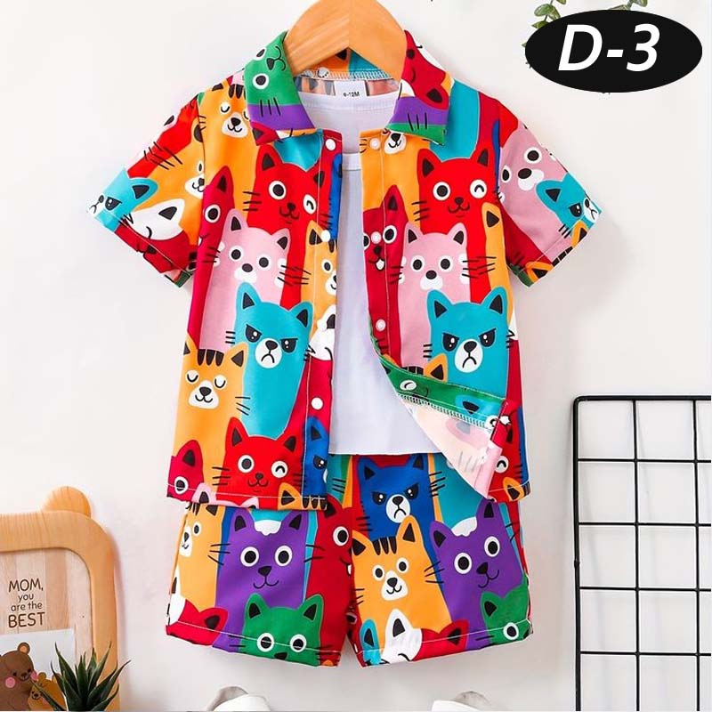 MultiColour Kitten Style All-Over 3D Printed 2-Pcs Summer Suit For Kids. D-3