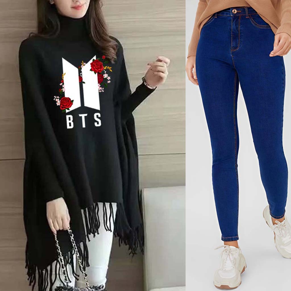 Bundle Of 2 Bat-Wing Printed Poncho And Skinny Jeans Set For Winter's. (Make Your Own Bundle)