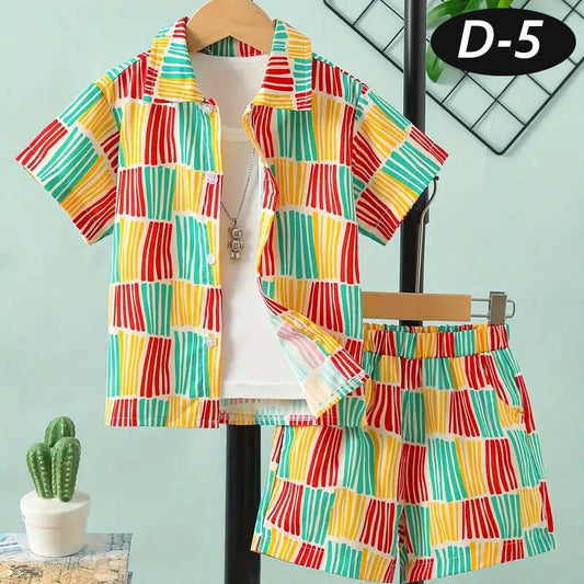 Multi-Colour 6-Lining Style All-Over 3D Printed 2-Pcs Summer Suit For Kids. D-5