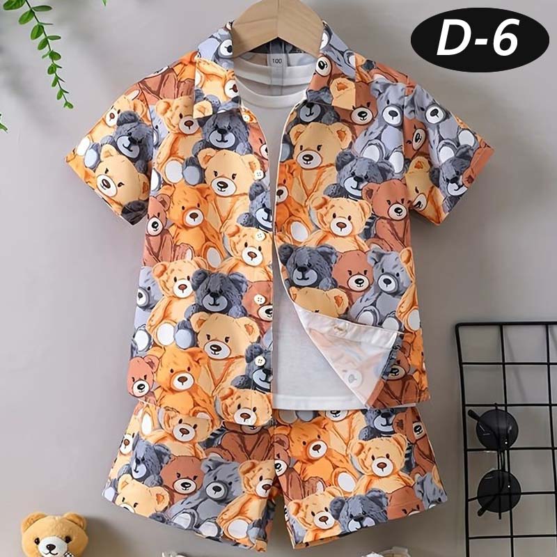 Brown Panda Style All-Over 3D Printed 2-Pcs Summer Suit For Kids. D-6
