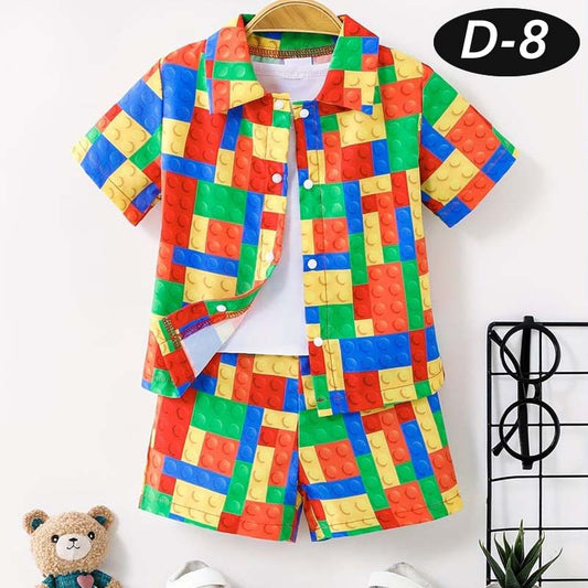 Square Box Puzzle Style All-Over 3D Printed 2-Pcs Summer Suit For Kids. D-8