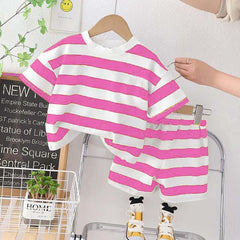 Stripe Style Printed 2-Pcs Summer Suit For Baby & Baba. Stripe Style Printed 2-Pcs Summer Suit For Baby & Baba.