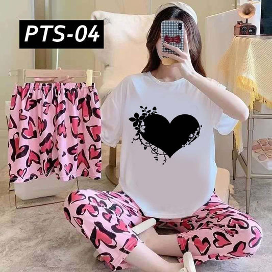 Pink-Heart Printed 3-Pcs Summer Launge & Night Wear Suit. PTS-04