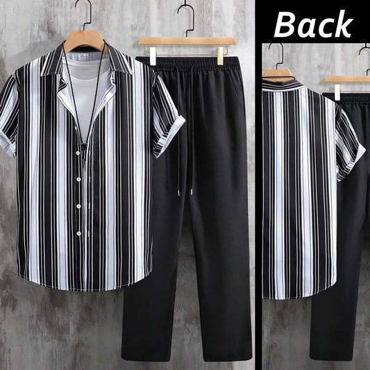 Stripe Printed Shirt Style Dry-Fit 2-Pcs Summer Suit. MS3D-52