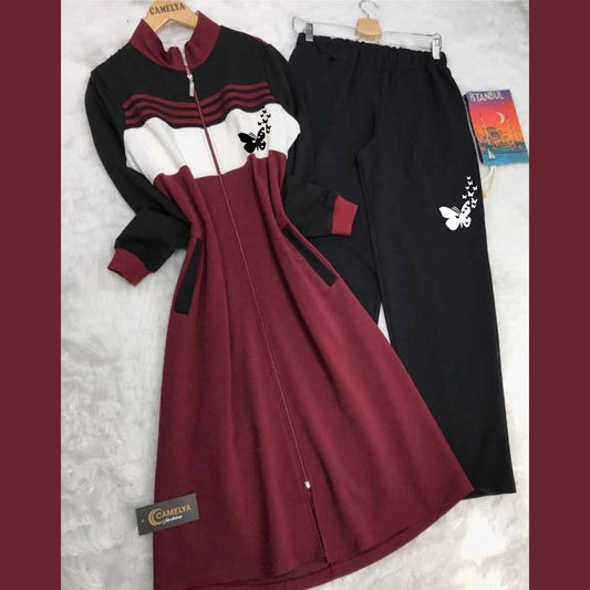 Butterfly Printed Long Front Stripe Style Patch-Work 2-Pcs Winter Zipper Co-Ord Set. WWTS-12