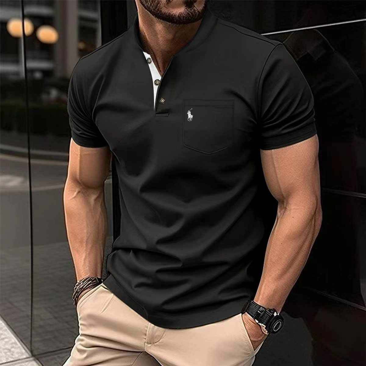 RL-Logo Black Ben Collar Pocket Style Summer Tshirt MSDTS-05
