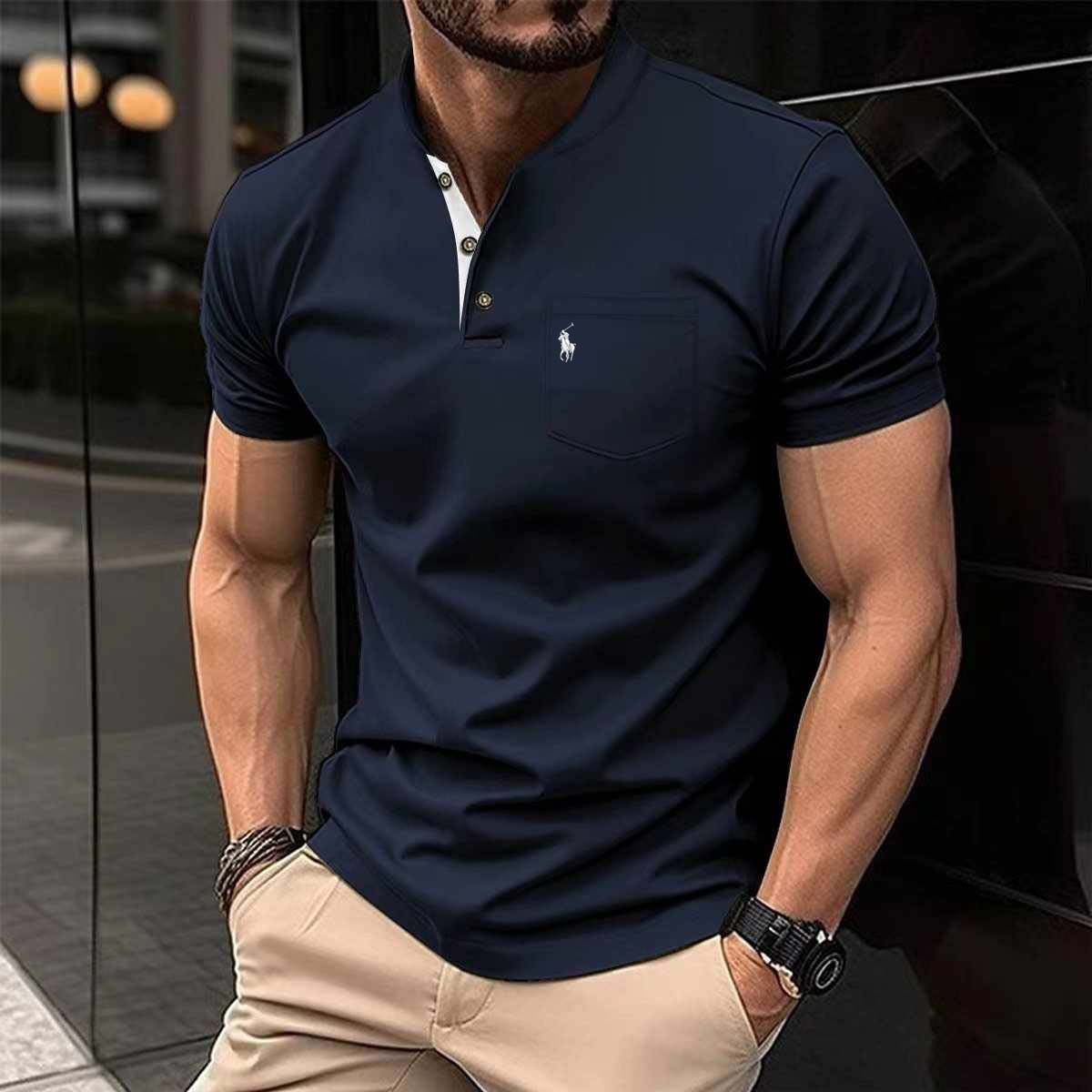 RL-Logo Navy-Blue Ben Collar Pocket Style Summer Tshirt MSDTS-05