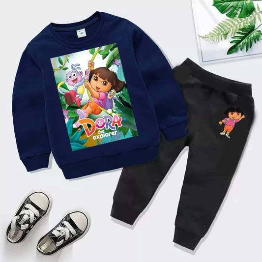 Kids Dora Printed Sweat-Shirt Style 2-Pcs Winter Track-Suit.