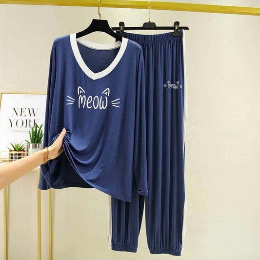 Contrast Neck-Style Big-Printed 2-Pcs Lounge And Night Wear Suit. WLW-10