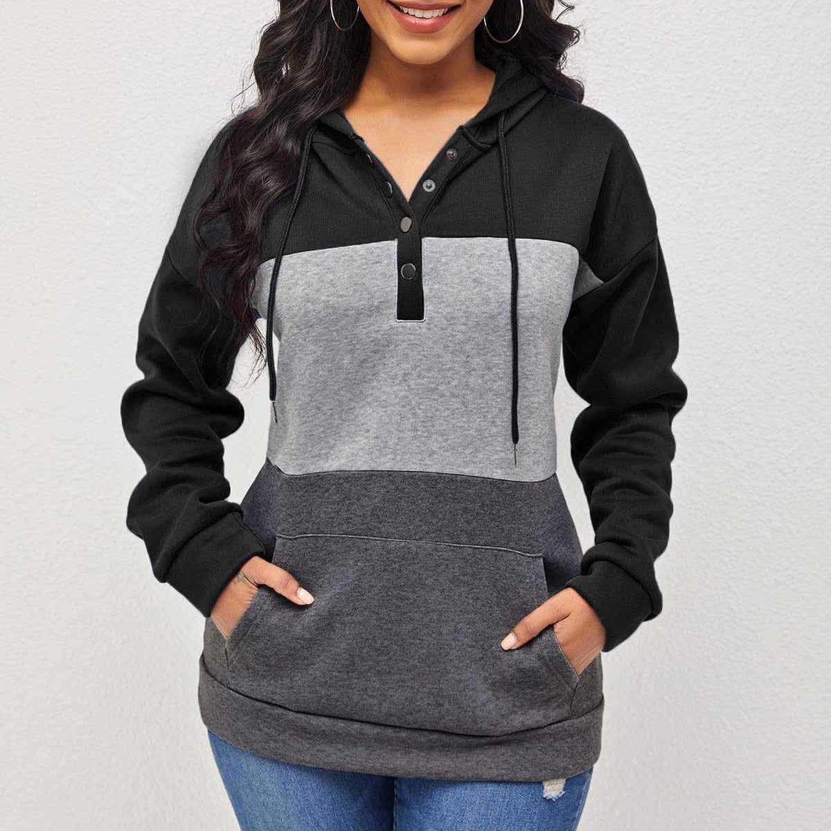 Neck Button Patch-Work Style Winter Hoodie For Her.