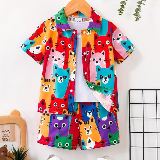 Multi-Colour Kitten Style 3D 2-Pcs Summer Suit For Kids D3.