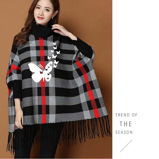 Checkered Butterfly Printed Style Winter Bat-Wing Poncho.