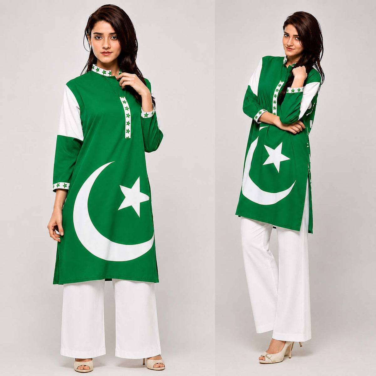 Green Flag Style 14-August Azadi Printed 2-Pcs Stiched Suit. (Green Kurti+White Trouser) V2