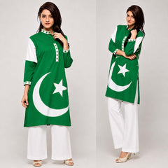 Green Flag Style 14-August Azadi Printed 2-Pcs Stiched Suit. (Green Kurti+White Trouser) V2