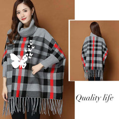 Checkered Butterfly Printed Style Winter Bat-Wing Poncho.