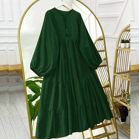 Green Balloon Sleeves Style Patch-Work Long Frock.