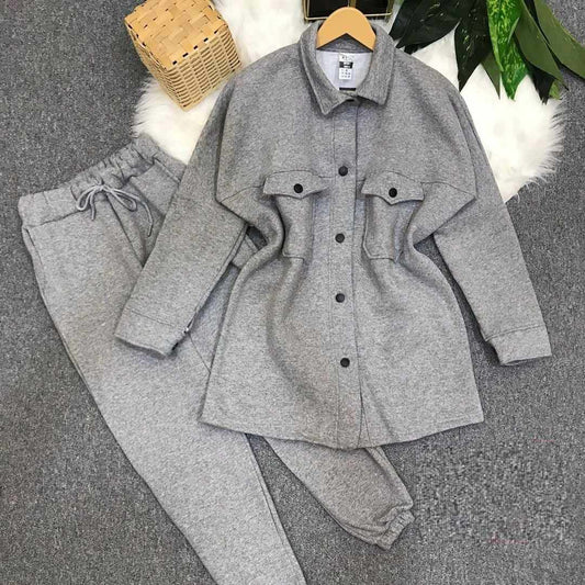 Shirt Style Long Front Pocket 2-Pcs Winter Tracksuit For Her.