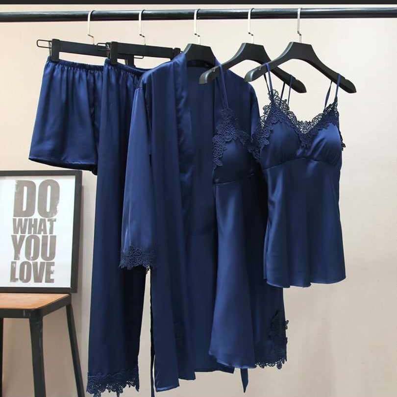 Blue Imported Lace Style Complete 5-Pcs Silk Nightsuit.