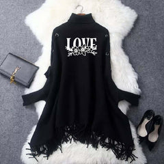 Black-White Love Eyelet Style Winter Bat-Wing Poncho.