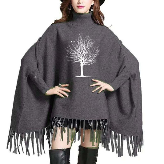 Tree Printed Bat-Wing Style Winter Poncho.