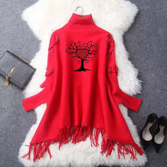 Red Heart Tree Eyelet Style Winter Bat-Wing Poncho.