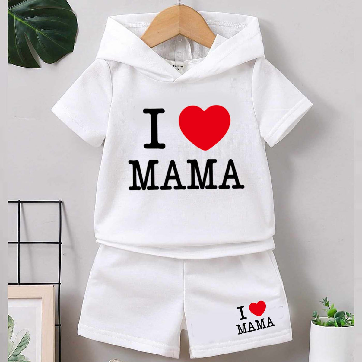 I Love MAMA Kids Hooded Style 2-Pcs Summer Suit. (HOTS+SH)