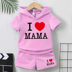 I Love MAMA Kids Hooded Style 2-Pcs Summer Suit. (HOTS+SH)