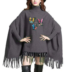 Multi Butterfly Printed Bat-Wing Style Winter Poncho.