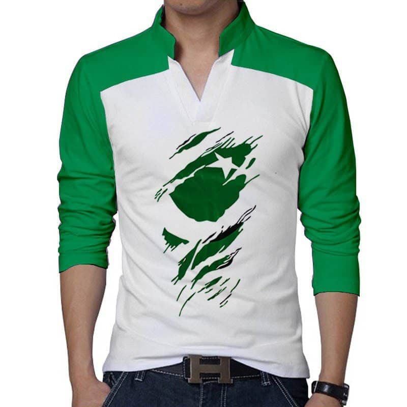 White Body Laiso Collar 3D Flag Printed Full Sleeve Azadi Tshirt. D-39