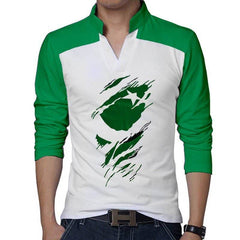 White Body Laiso Collar 3D Flag Printed Full Sleeve Azadi Tshirt. D-39