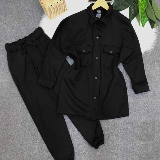 Shirt Style Long Front Pocket 2-Pcs Winter Tracksuit For Her.