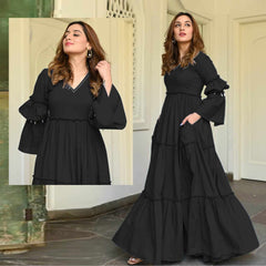 V-Neck Pocket Style Heavy Flair Long Maxi.