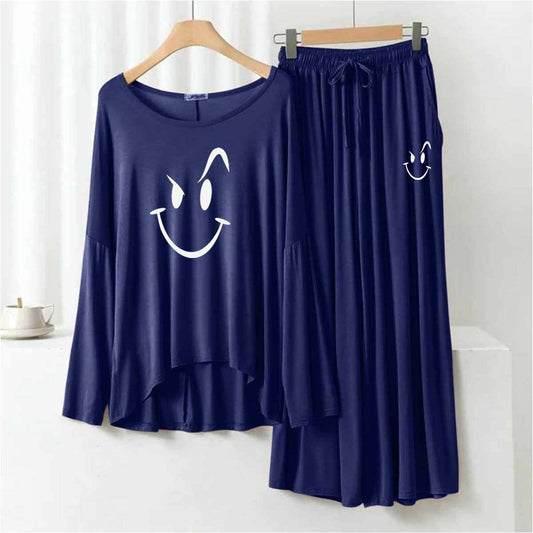 Navy Plazo-Style Big-Printed 2-Pcs Lounge And Night Wear Suit. WLW-08