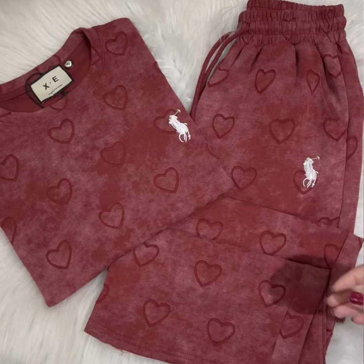 Maroon Heart Textured Horse Logo Printed Style Western 2-Pcs Summer Tracksuit For Her. WSTS-08