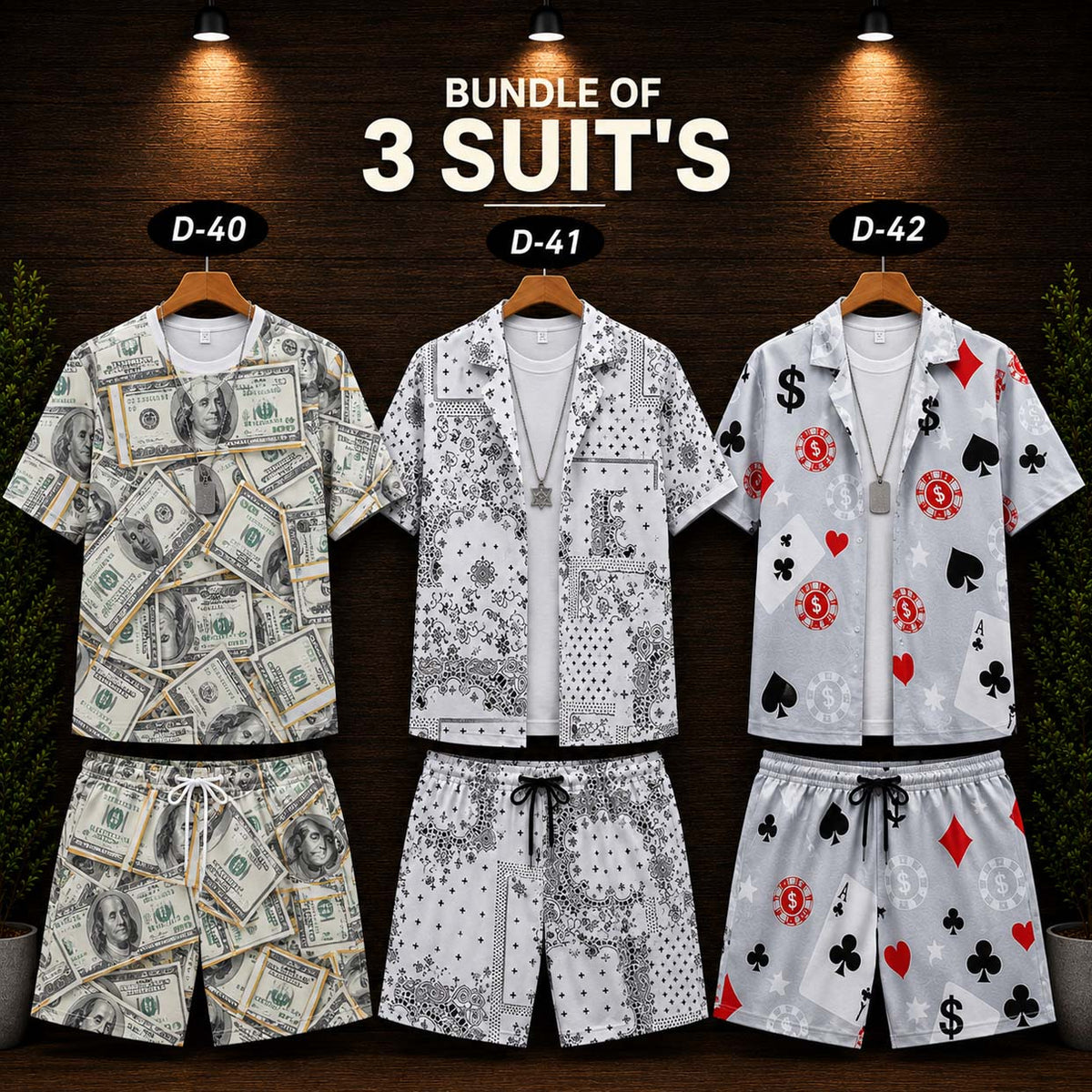 Bundle Of 3 Dry-Fit 3D-Printed Shirt Style 2-Pcs Summer Suit. Deal-18 (Clearance-Sale) MS3D-01-02-40