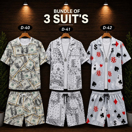 Bundle Of 3 Dry-Fit 3D-Printed Shirt Style 2-Pcs Summer Suit. Deal-18 (Clearance-Sale) MS3D-01-02-40