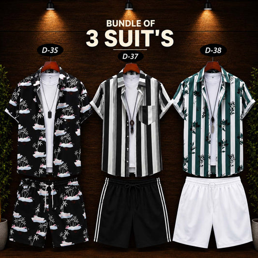 Bundle Of 3 Dry-Fit 3D-Printed Shirt Style 2-Pcs Summer Suit. Deal-19 (Clearance-Sale) MS3D-35-37-38