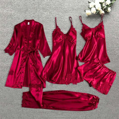 Imported Lace Style Complete 5-Pcs Silk Nightsuit.