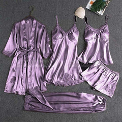 Imported Lace Style Complete 5-Pcs Silk Nightsuit.