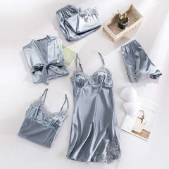 Imported Lace Style Complete 5-Pcs Silk Nightsuit.