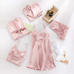 Imported Lace Style Complete 5-Pcs Silk Nightsuit.