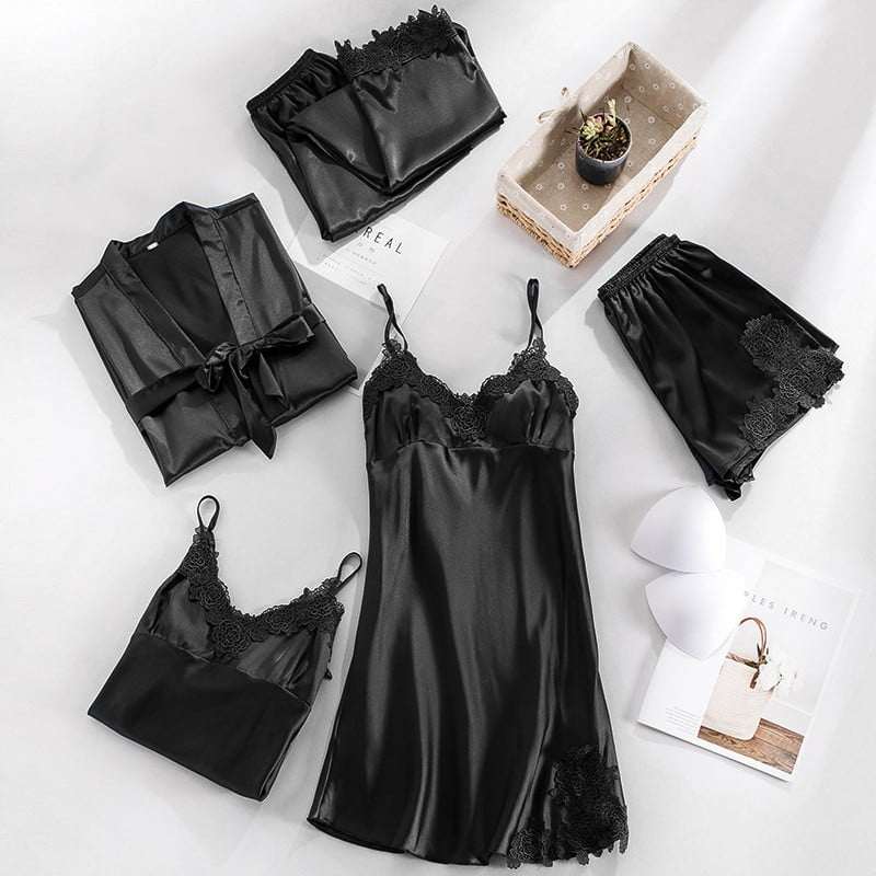 Imported Lace Style Complete 5-Pcs Silk Nightsuit.