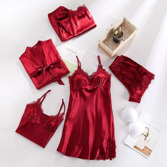 Imported Lace Style Complete 5-Pcs Silk Nightsuit.