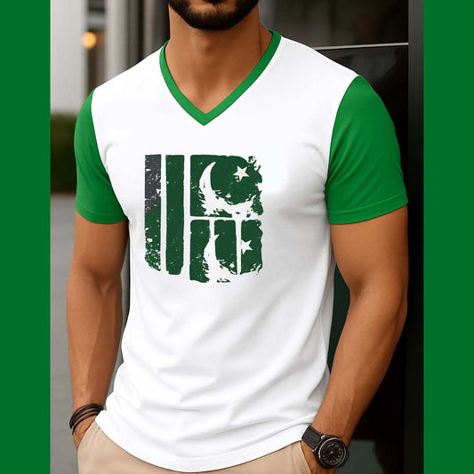 White Contrast Neck & Sleeve Style Damage-Flag Printed V-Neck Half Sleeve Azadi Tshirt. D-49