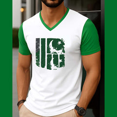 White Contrast Neck & Sleeve Style Damage-Flag Printed V-Neck Half Sleeve Azadi Tshirt. D-49