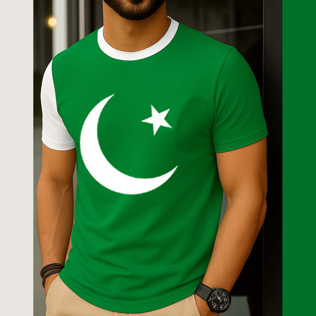 Green Contrast Neck Style CT Big Printed R-Neck Half Sleeve Azadi Tshirt. D-49