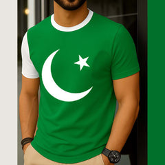 Green Contrast Neck Style CT Big Printed R-Neck Half Sleeve Azadi Tshirt. D-49