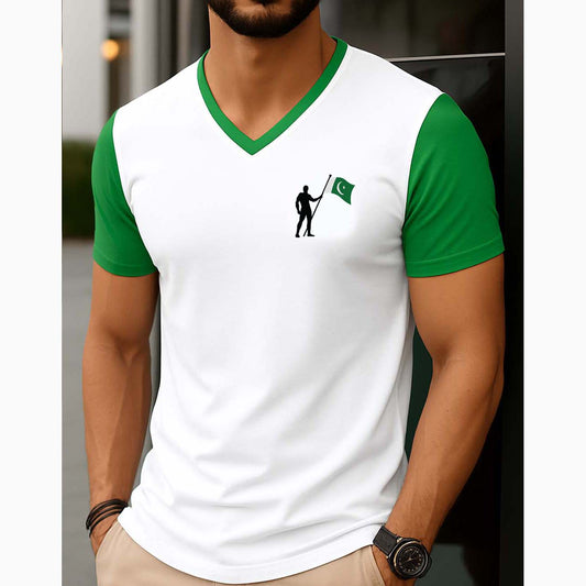 White Contrast Style Hold Flag Logo Printed V-Neck Half Sleeve Azadi Tshirt. D-49