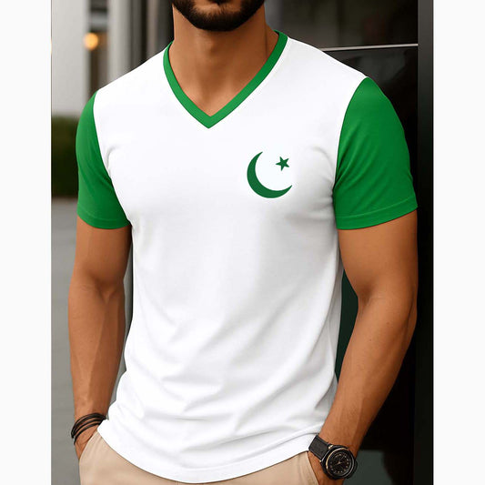 White Contrast Style CT Logo Printed V-Neck Half Sleeve Azadi Tshirt. D-49